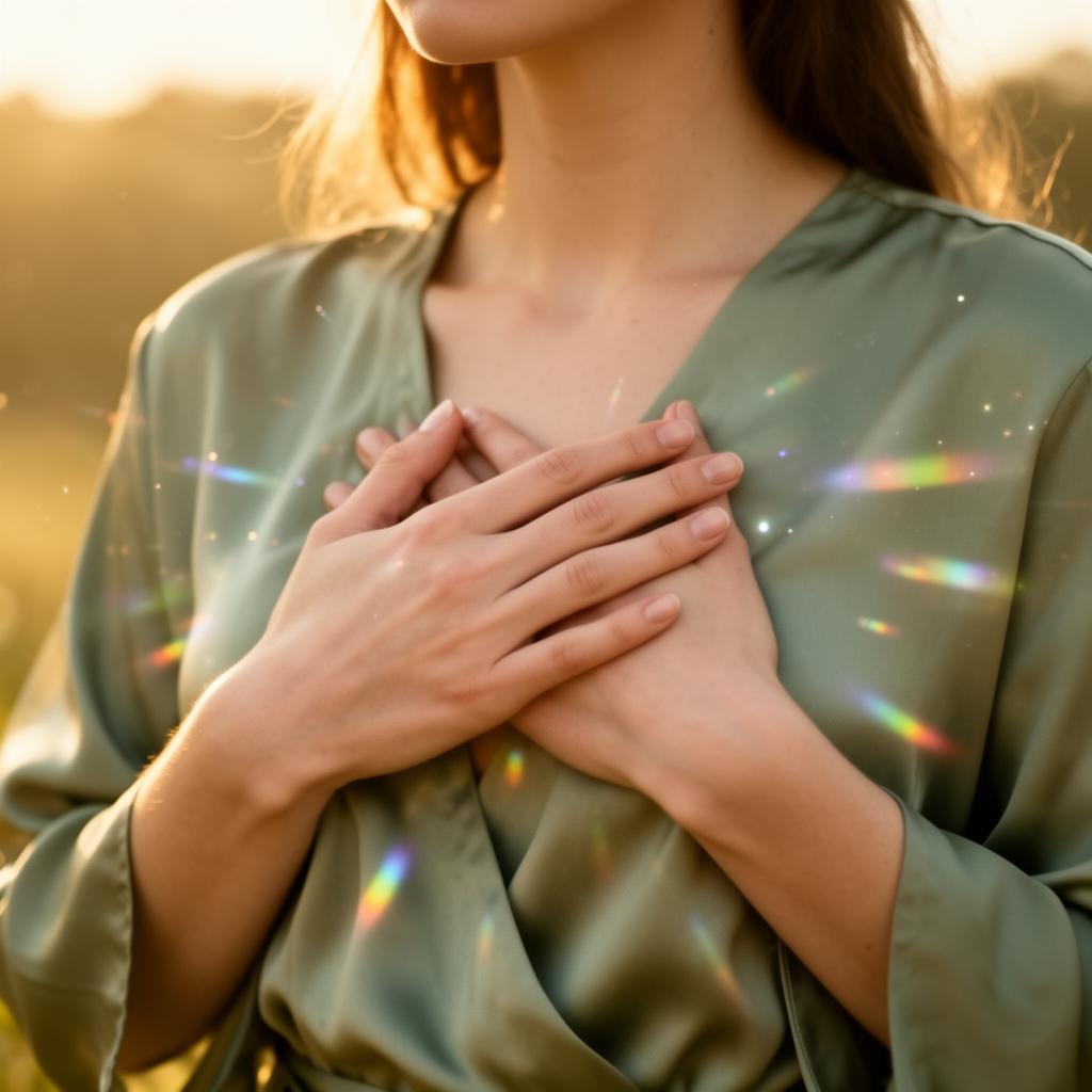 Mãos no coração com luz prismática